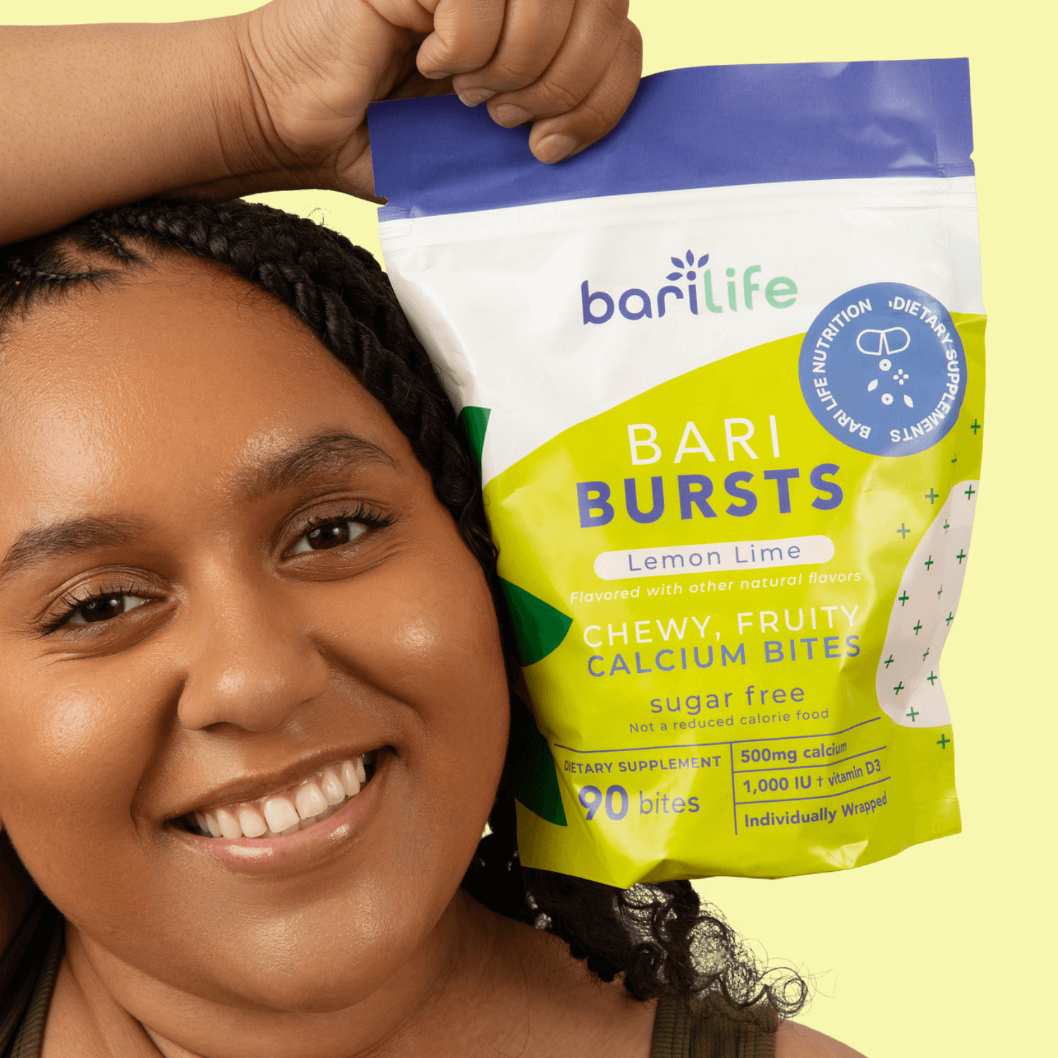 BariBurst calcium chews in lemon lime flavor, sugar-free, perfect for delicious nutrition.